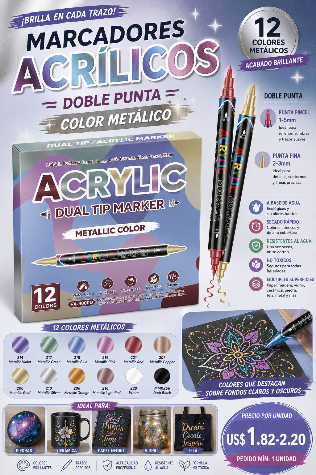 Rotuladores Acrílicos de Doble Punta (12 colores)