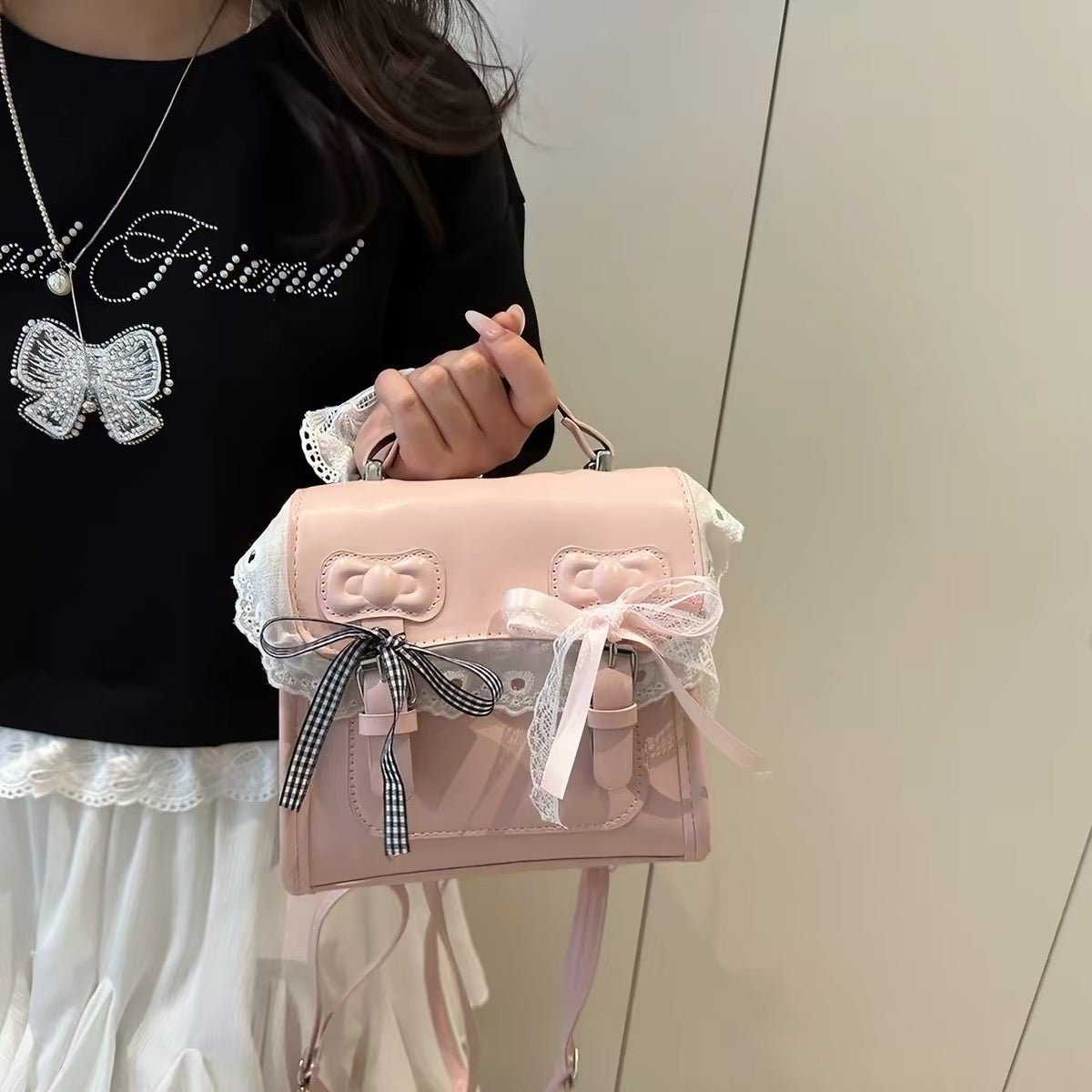Mini Mochila Mujer Coquette Con Lazos Y Encaje PU