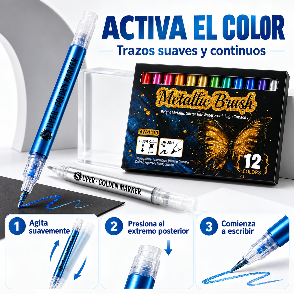 Set 12 Marcadores Metálicos Punta Pincel Flexible 1–6 mm