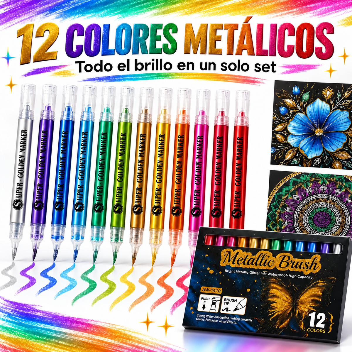 Set 12 Marcadores Metálicos Punta Pincel Flexible 1–6 mm