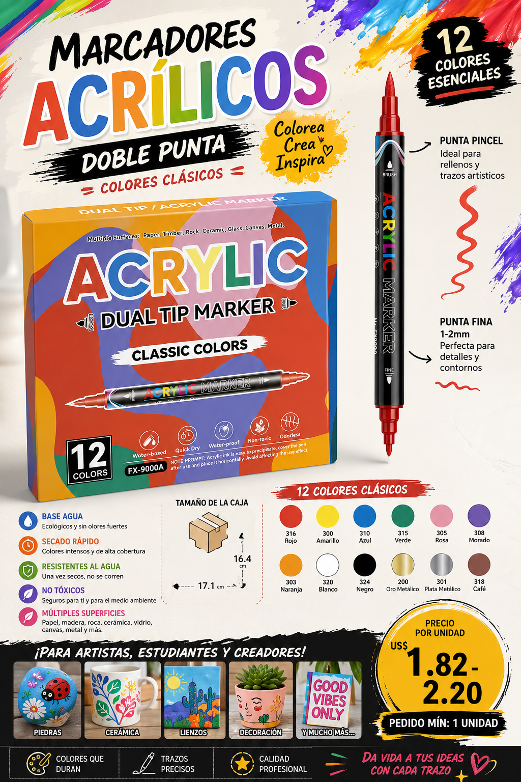 Rotuladores Acrílicos de Doble Punta (12 colores)