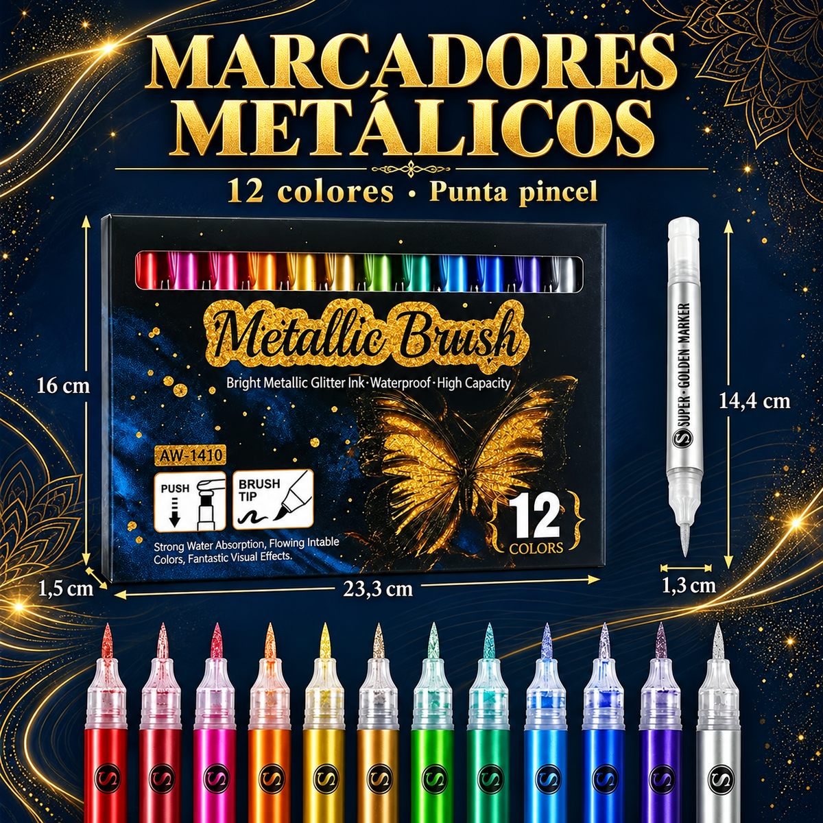 Set 12 Marcadores Metálicos Punta Pincel Flexible 1–6 mm
