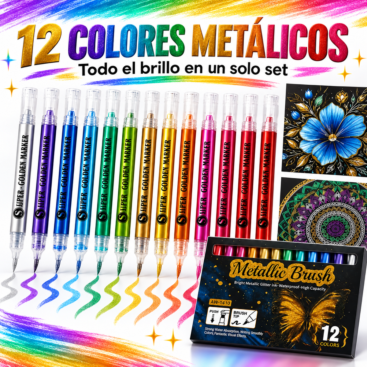 Set 12 Marcadores Metálicos Punta Pincel Flexible 1–6 mm
