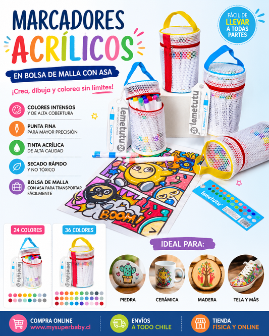 24/36 Colores – Marcadores Acrílicos en Bolsa de Malla con Asa