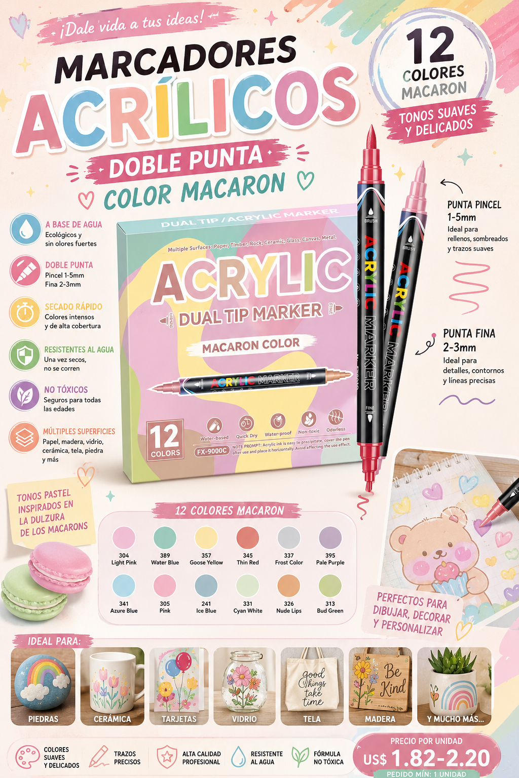 Rotuladores Acrílicos de Doble Punta (12 colores)