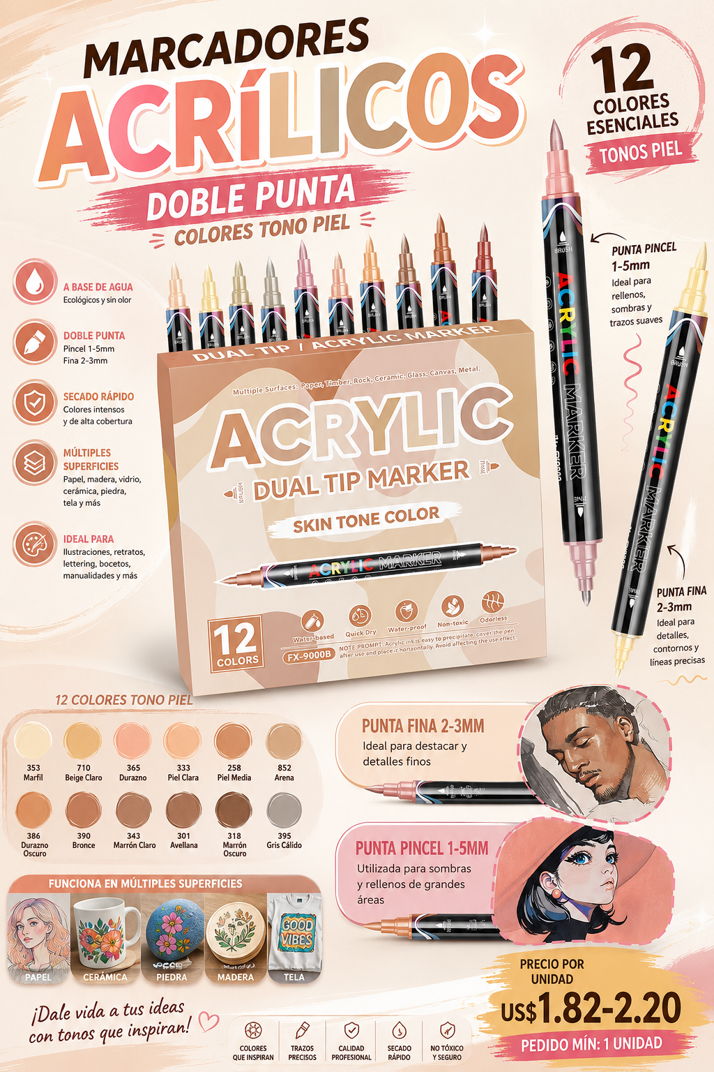 Rotuladores Acrílicos de Doble Punta (12 colores)