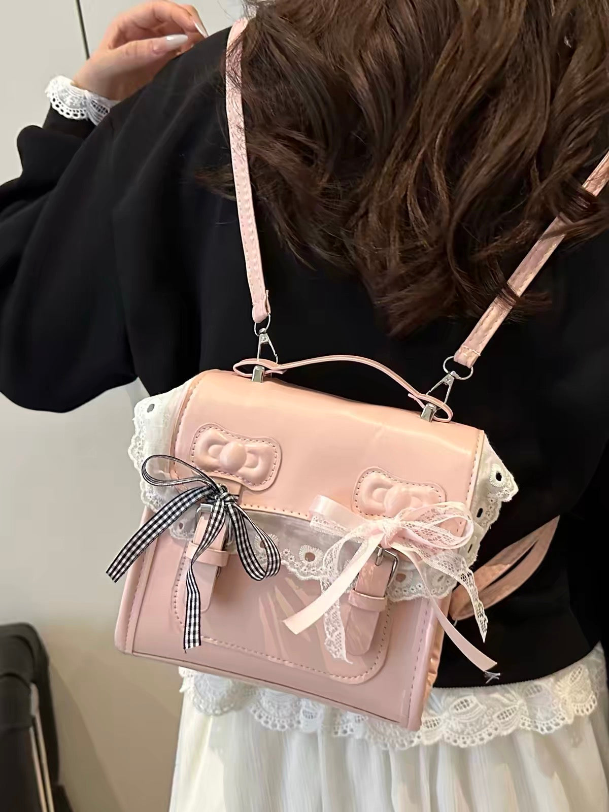 Mini Mochila Mujer Coquette Con Lazos Y Encaje PU