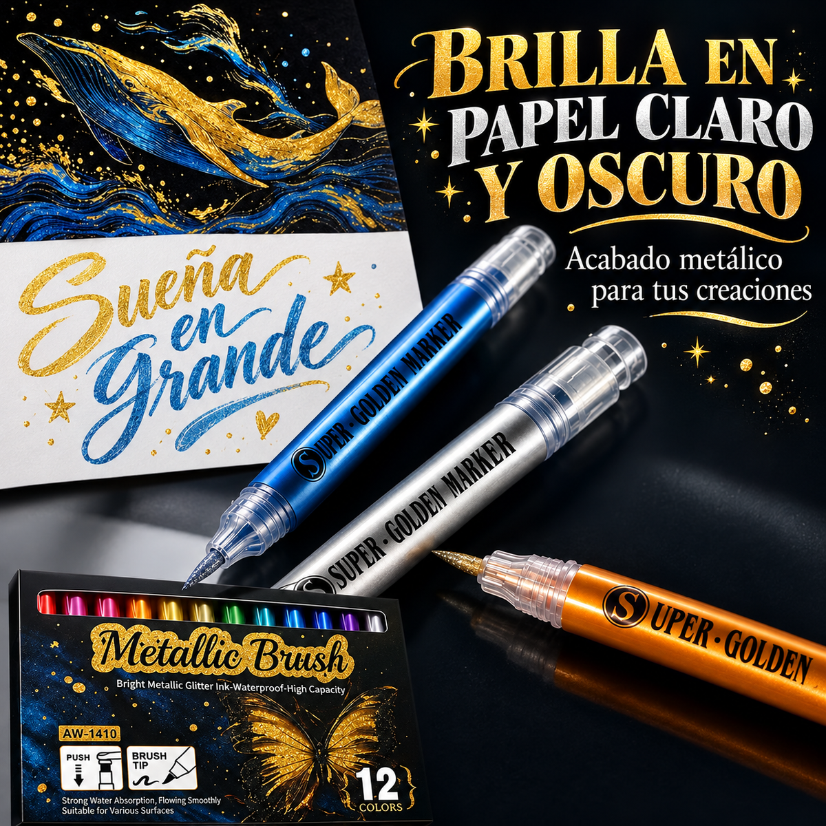 Set 12 Marcadores Metálicos Punta Pincel Flexible 1–6 mm