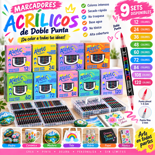 Marcadores Acrílicos de Doble Punta – Sets de 12 a 120 Colores 🎨
