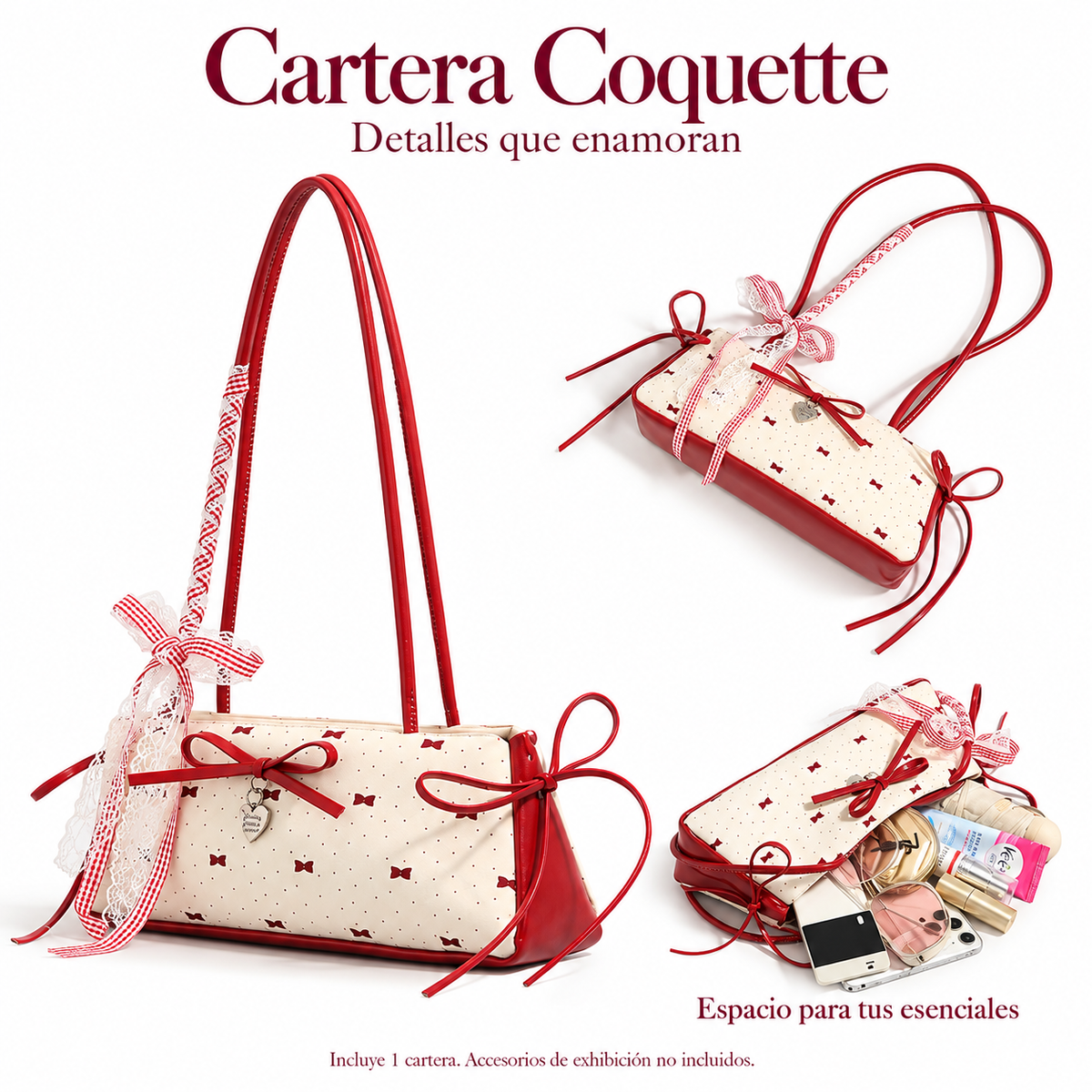 Cartera De Hombro Mujer Coquette Con Lazo Y Dije Corazón